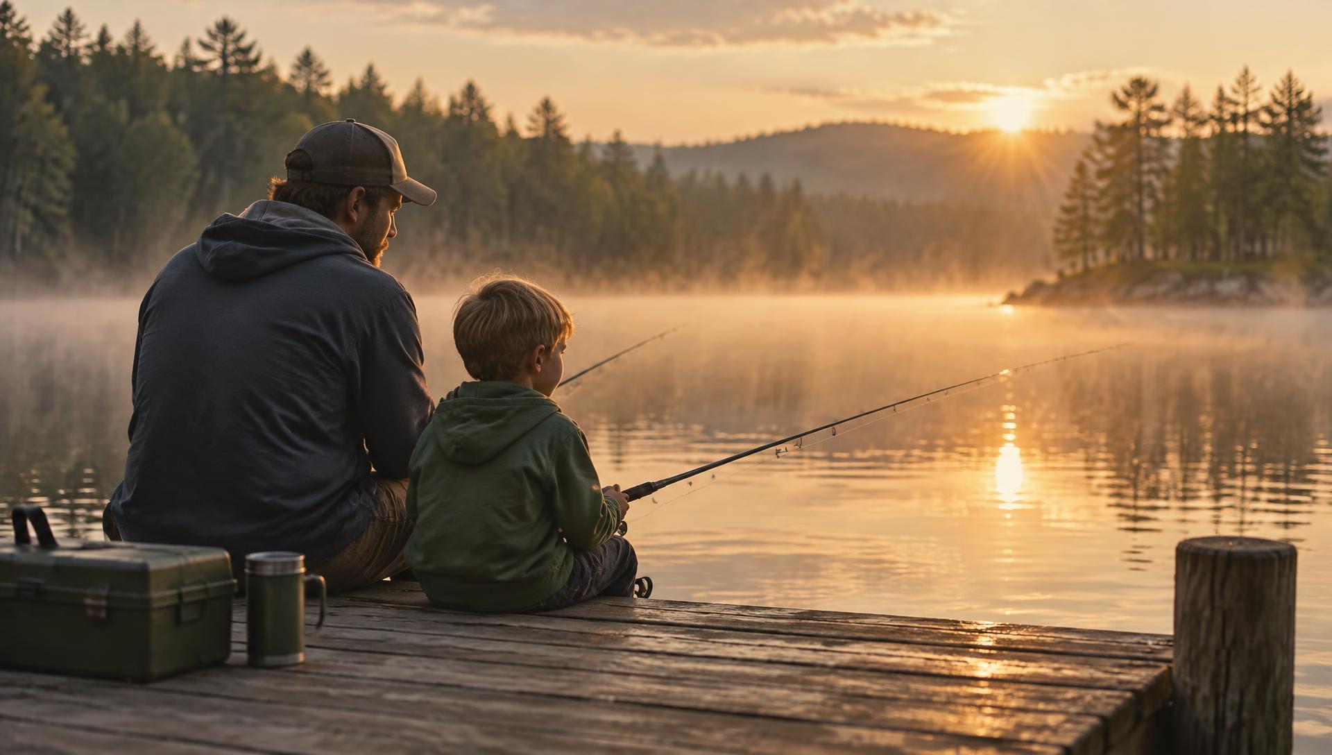 Parent and child fishing from a dock at sunrise